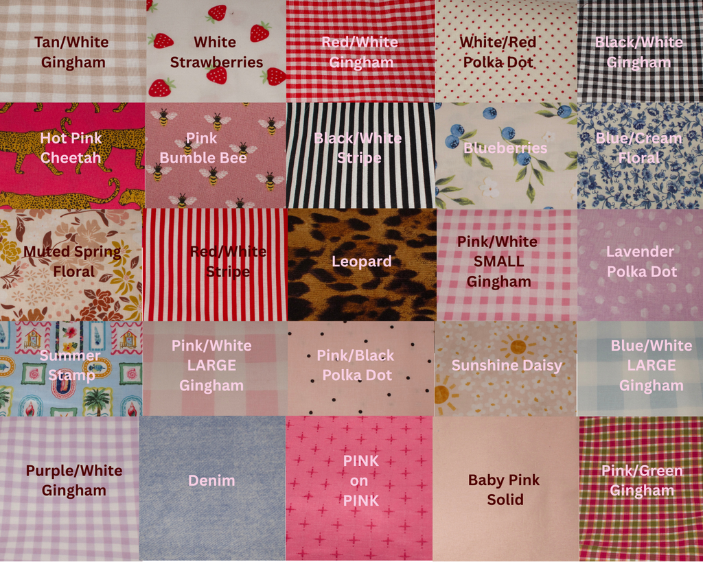 Grid of fabric swatches with various patterns and colors, each labeled.